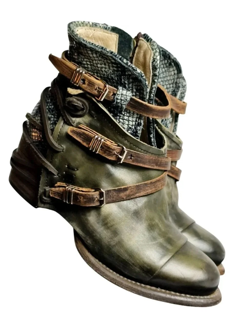 Freebird Crue Womens 7 Leather Backlace Booties Olive Green Distressed Buckle